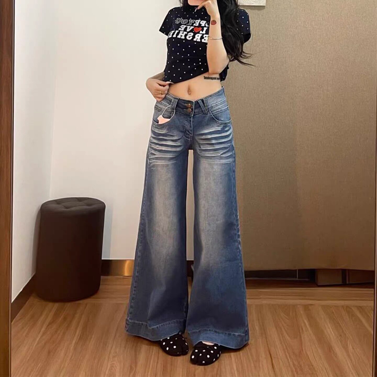 小个子美式复古两粒扣低腰阔腿牛仔裤女辣妹宽松显瘦直筒拖地裤潮
