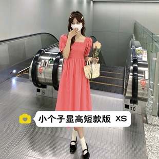 小个子连衣裙女150cm显高法式方领桔梗裙泡泡袖短袖中长裙XS码夏