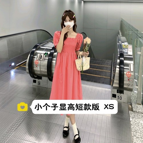 小个子连衣裙女150cm显高法式方领桔梗裙泡泡袖短袖中长裙XS码夏