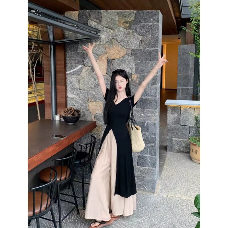 145小个子饼干法式V领修身中长款+慵懒阔腿长裤甜美百搭两件套女