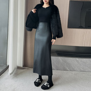 145CM矮小个子高腰皮裙女秋冬后开叉中长款一步裙PU皮半身裙xxs