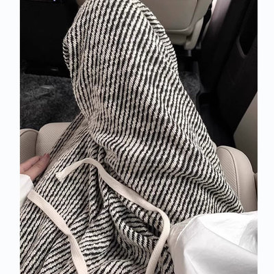 150cm小个子黑白斜条纹裤女加绒显高高腰宽松休闲直筒慵懒阔腿裤