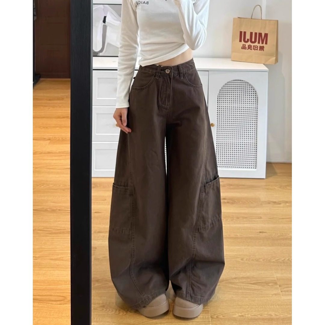 小个子咖色休闲直筒工装牛仔裤复古百搭150高腰显瘦宽松阔腿长裤