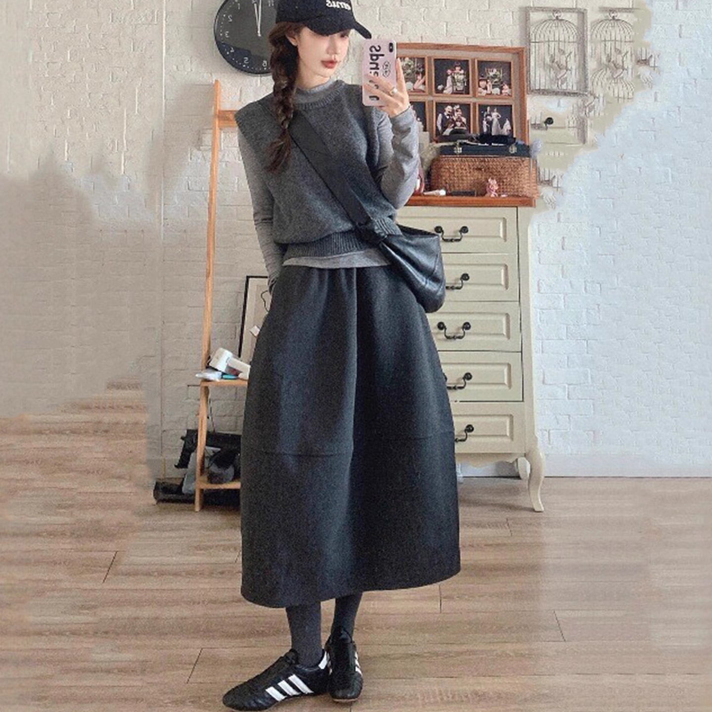 小个子深灰色毛呢花苞半身裙百搭145CM松紧高腰宽松a字中长款伞裙