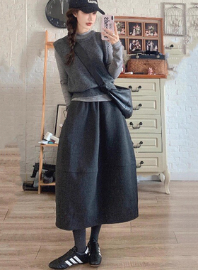 小个子深灰色毛呢花苞半身裙百搭145CM松紧高腰宽松a字中长款伞裙