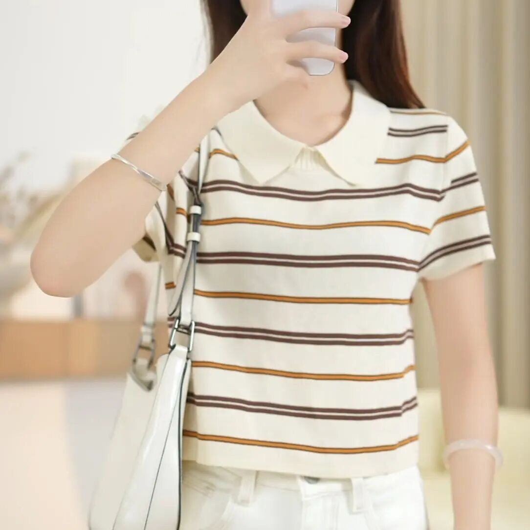 小个子夏季翻领Polo条纹针织短袖t恤宽松显瘦套头半袖上衣薄款女
