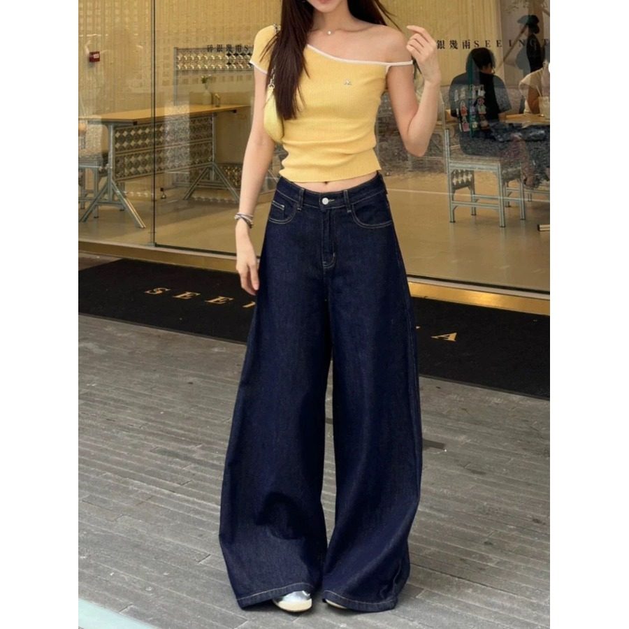 矮小个子145美式复古深蓝色牛仔直筒裤高腰宽松显瘦阔腿拖地长裤