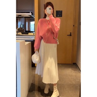 小个子杏白毛呢百褶裙半身裙145高腰中长款显瘦垂感a字半裙女秋冬