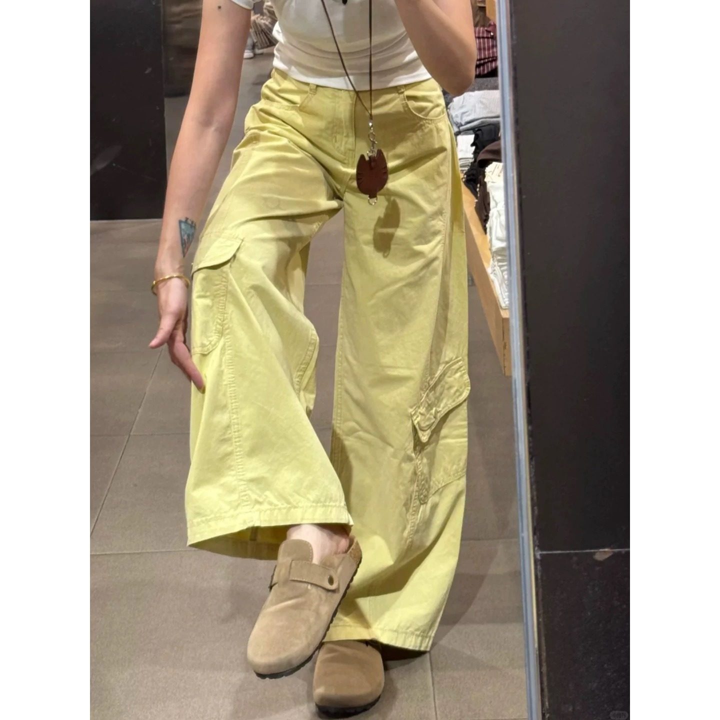 150cm矮小个子黄色阔腿工装裤显高高腰美式休闲弯刀裤慵懒风长裤