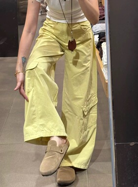 150cm矮小个子黄色阔腿工装裤显高高腰美式休闲弯刀裤慵懒风长裤