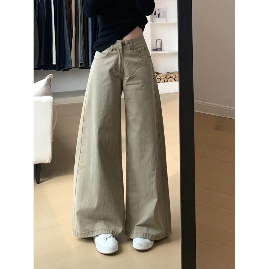 小个子卡其色阔腿牛仔裤美式复古145CM高腰宽松休闲直筒拖地长裤