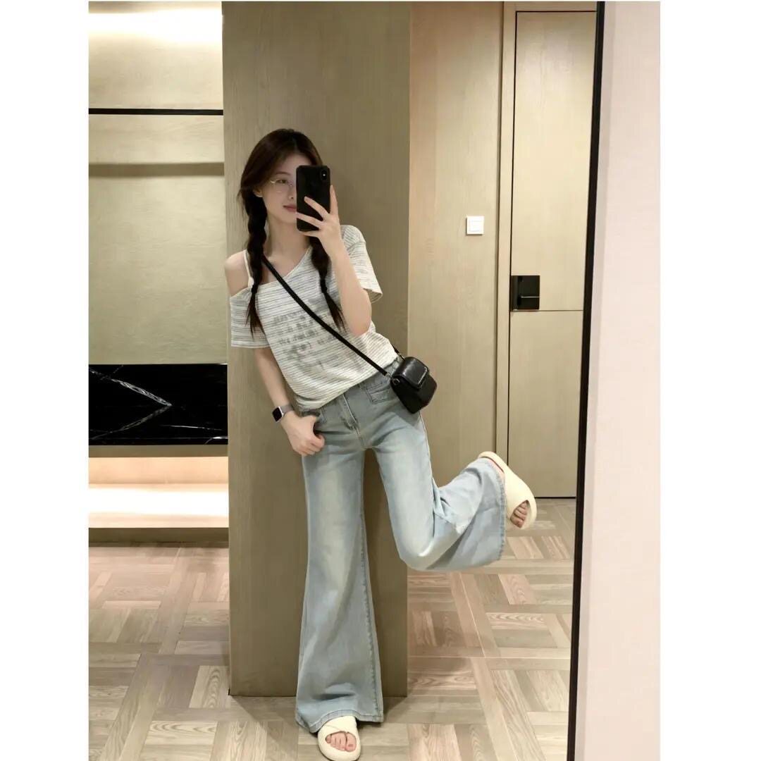 小个子浅蓝色水洗不贴腿微喇牛仔裤减龄百搭高腰弹力喇叭拖地裤xs
