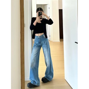 小个子复古宽松阔腿牛仔裤减龄百搭150CM低腰直筒九分长裤拖地裤