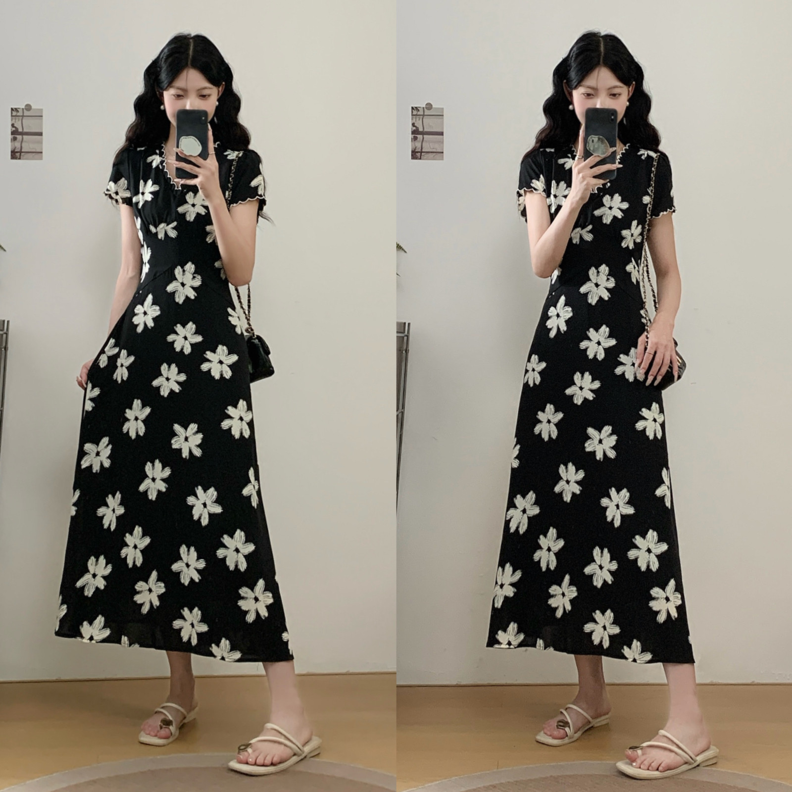 矮个子法式气质黑色碎花V领连衣裙海边150cm显瘦A字中长裙女夏XS