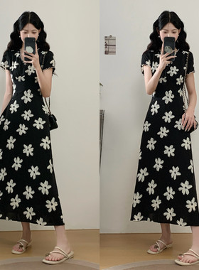 矮个子法式气质黑色碎花V领连衣裙海边150cm显瘦A字中长裙女夏XS