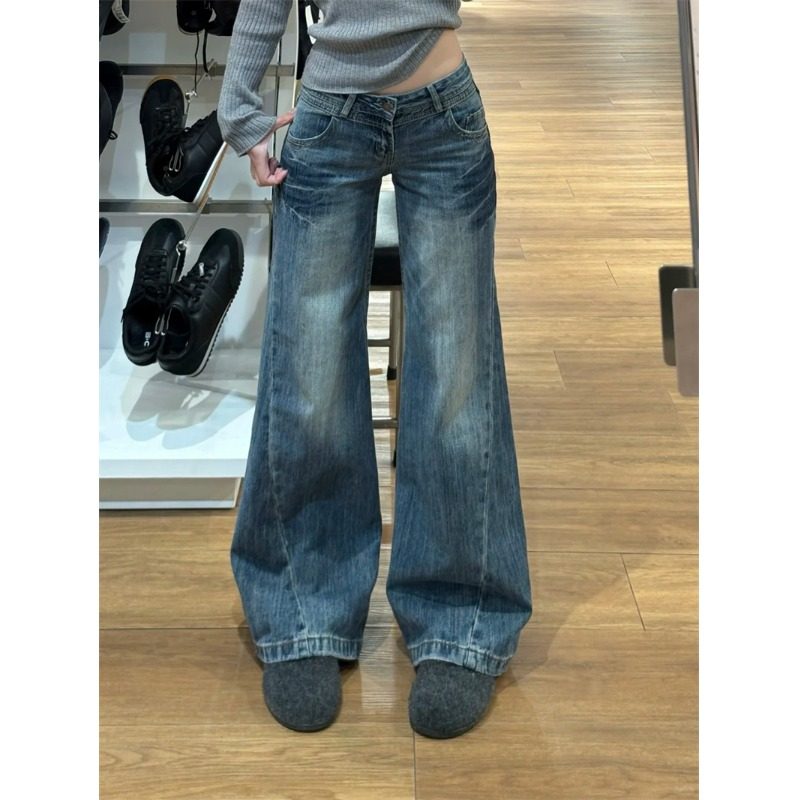 小个子美式复古微喇牛仔裤百搭显高150CM低腰显瘦直筒拖地长裤XS