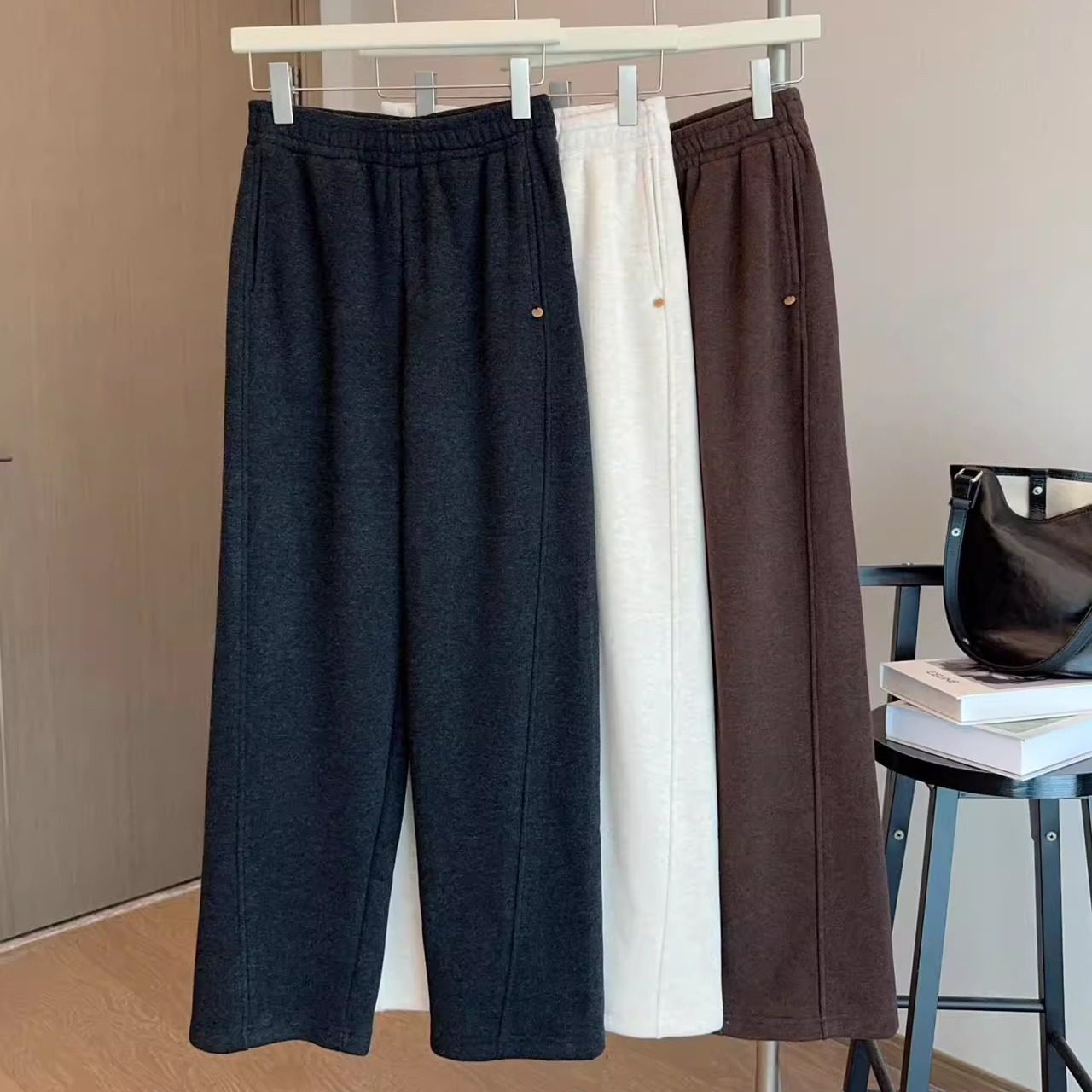 小个子毛呢弯刀裤慵懒松弛感145CM高腰显高阔腿休闲九分长裤xxs女