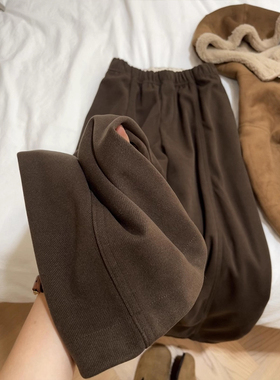 秋冬新款150小个子高腰咖色阔腿裤加绒加厚垂感休闲深灰色弯刀裤