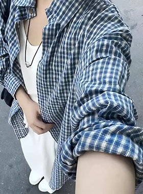 小矮个子145美式蓝色显白格子衬衫外套女150慵懒风宽松休闲衬衣xs