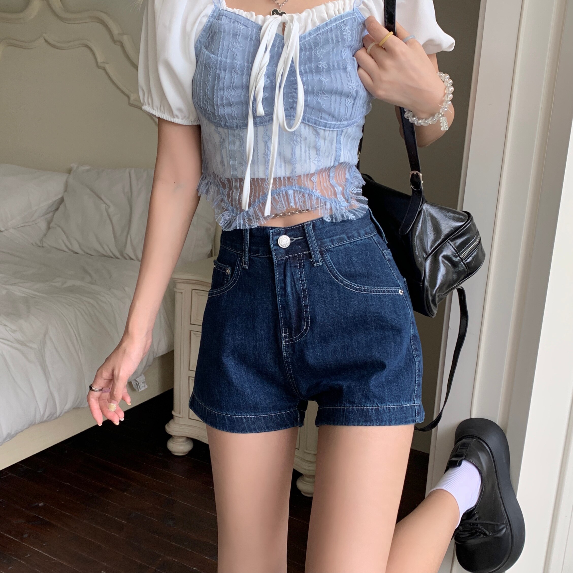 矮小个子显高百搭牛仔短裤150CM高腰显瘦深蓝色A字阔腿热裤XXS女
