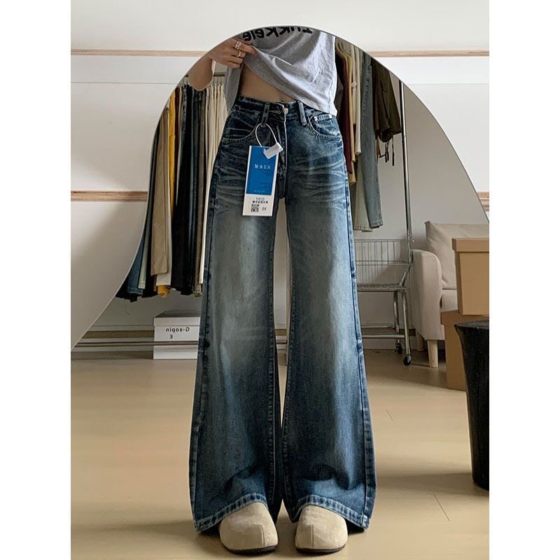 矮小个子美式水洗阔腿微喇牛仔裤150cm高腰宽松显瘦喇叭拖地长裤
