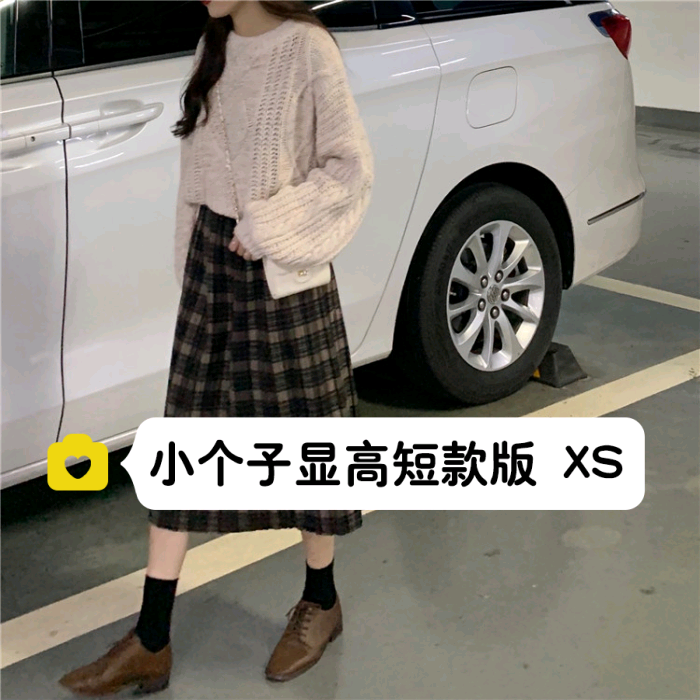 矮小个子145秋冬毛呢格子半身裙女150百搭复古百褶A字裙中长裙XS