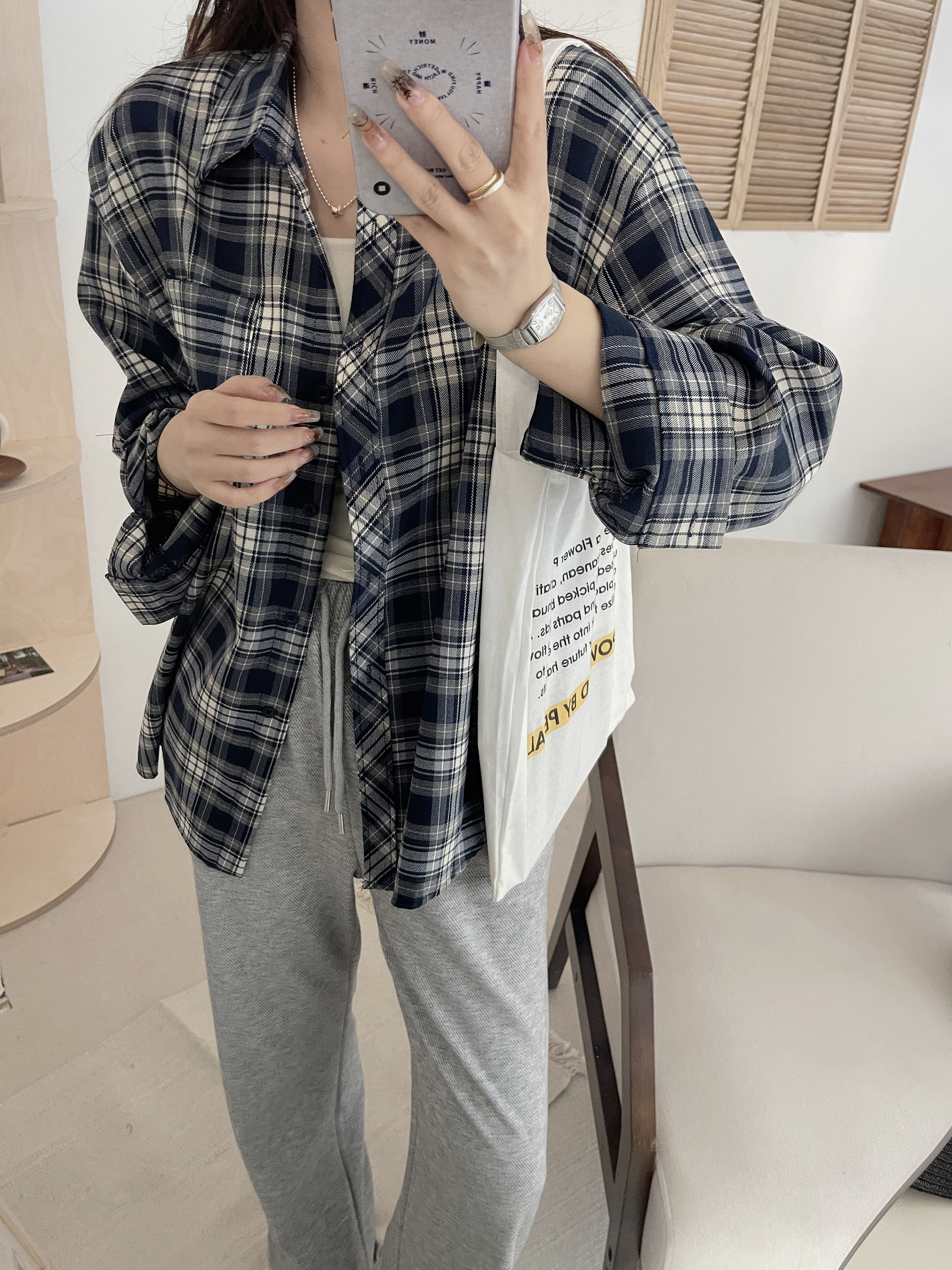 150小个子复古格子防晒衬衫xs