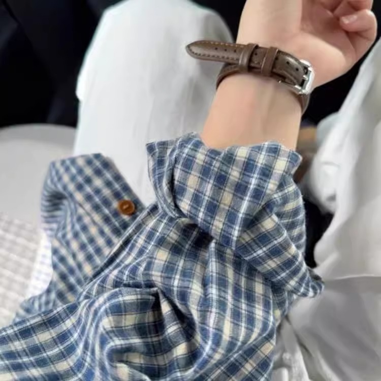 小矮个子145美式蓝色显白格子衬衫外套女150慵懒风宽松休闲衬衣xs