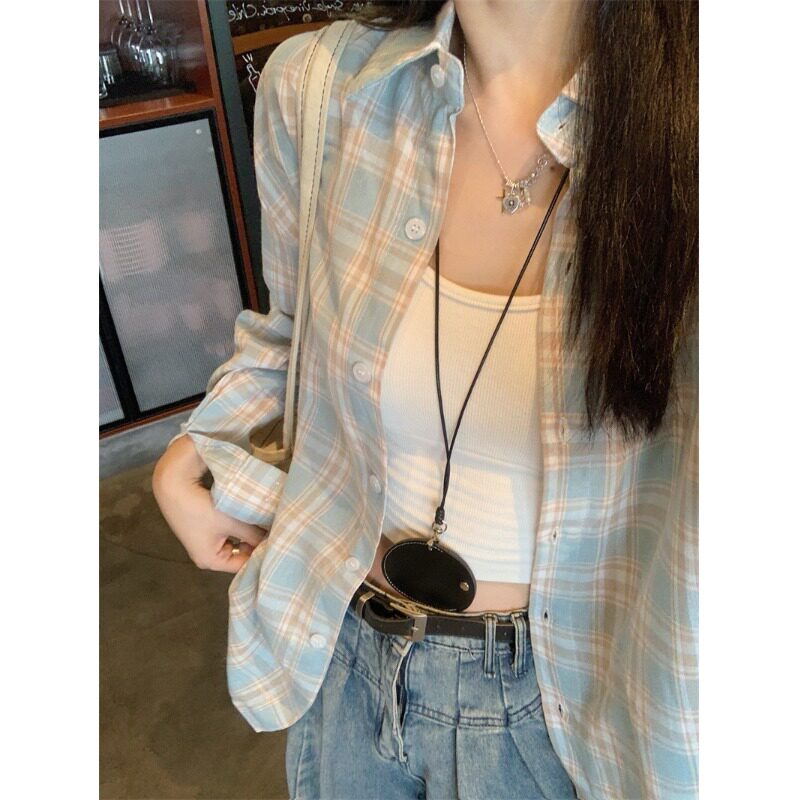 夏季薄款小个子蓝色格子衬衫宽松显瘦150cm长袖防晒外套上衣XS潮