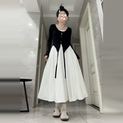 秋季新款矮小个子韩系穿搭白色吊带连衣裙法式气质高级感套装长裙