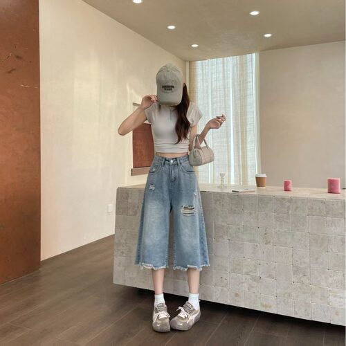 小个子设计感破洞阔腿牛仔裤宽松显瘦150cm显高高腰直筒裤中裤XS