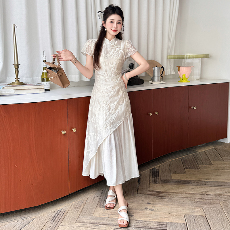 小个子新中式改良旗袍甜美气质150短袖中长款拼接刺绣大摆连衣裙