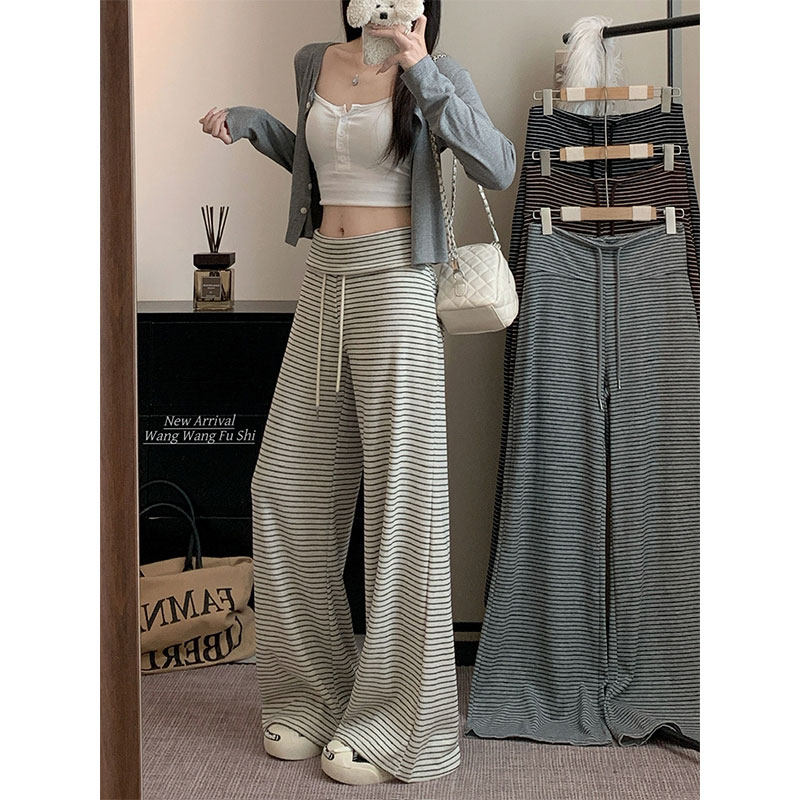 夏季新款小个子高腰宽松直筒裤慵懒风百搭条纹休闲裤宽松阔腿裤XS