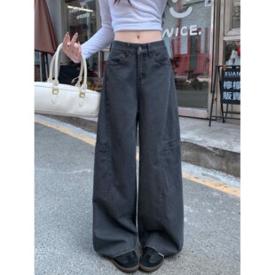 矮小个子美式辣妹牛仔工装裤显瘦150cm低腰灰色直筒裤拖地长裤XS