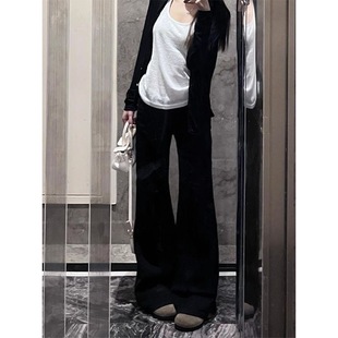 小个子黑色美式宽松微喇阔腿牛仔裤145CM低腰显瘦直筒喇叭拖地裤