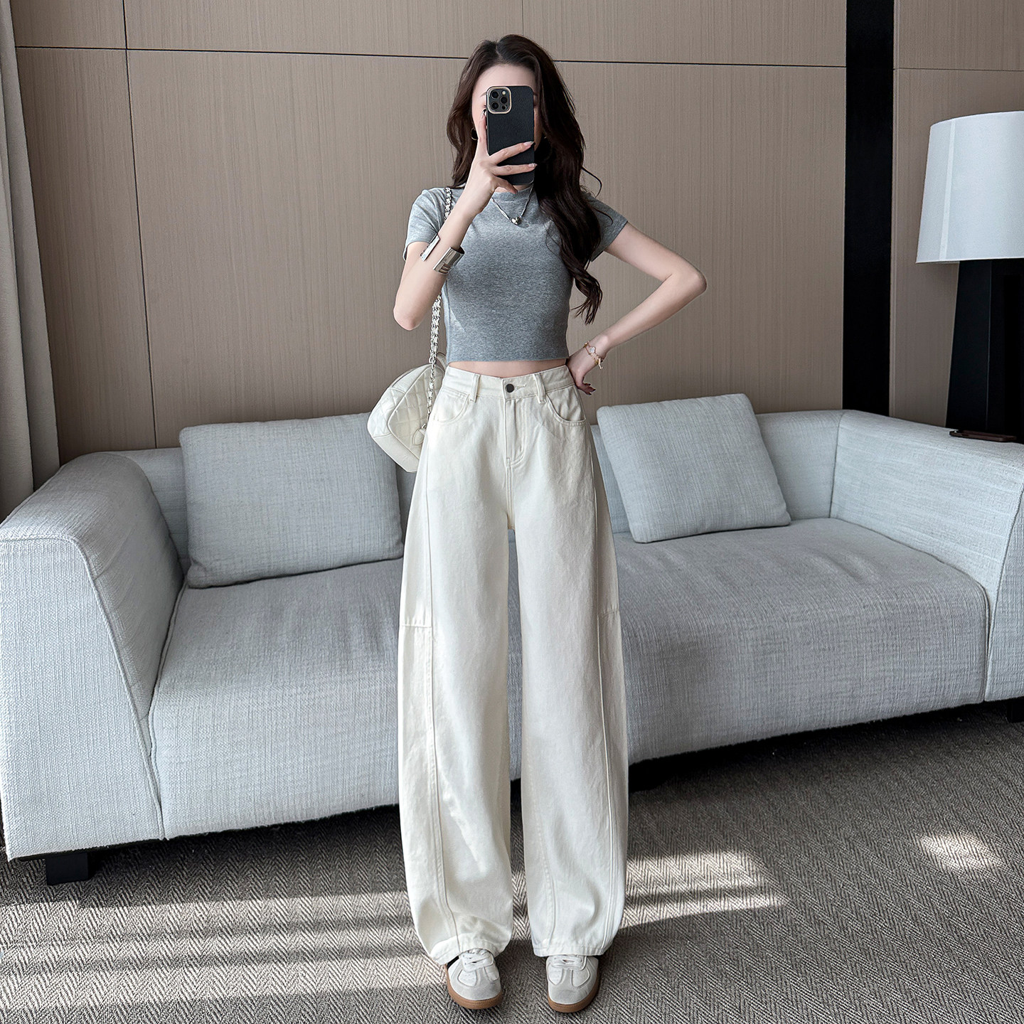 小个子松紧腰阔腿香蕉裤显高百搭150CM高腰宽松复古弯刀牛仔裤XS