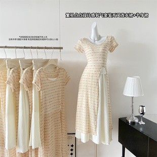 矮小个子145cm法式温柔风短袖连衣裙150夏季宽松显瘦休闲开叉裙xs