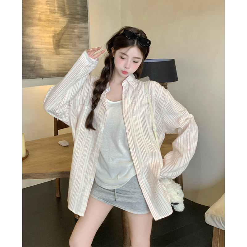 粉色条纹长袖衬衫女夏季小个子薄款韩版宽松休闲防晒衬衣外套新款