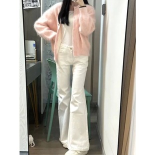矮小个子复古白色微喇牛仔裤百搭显瘦145CM低腰修身喇叭拖地裤XS