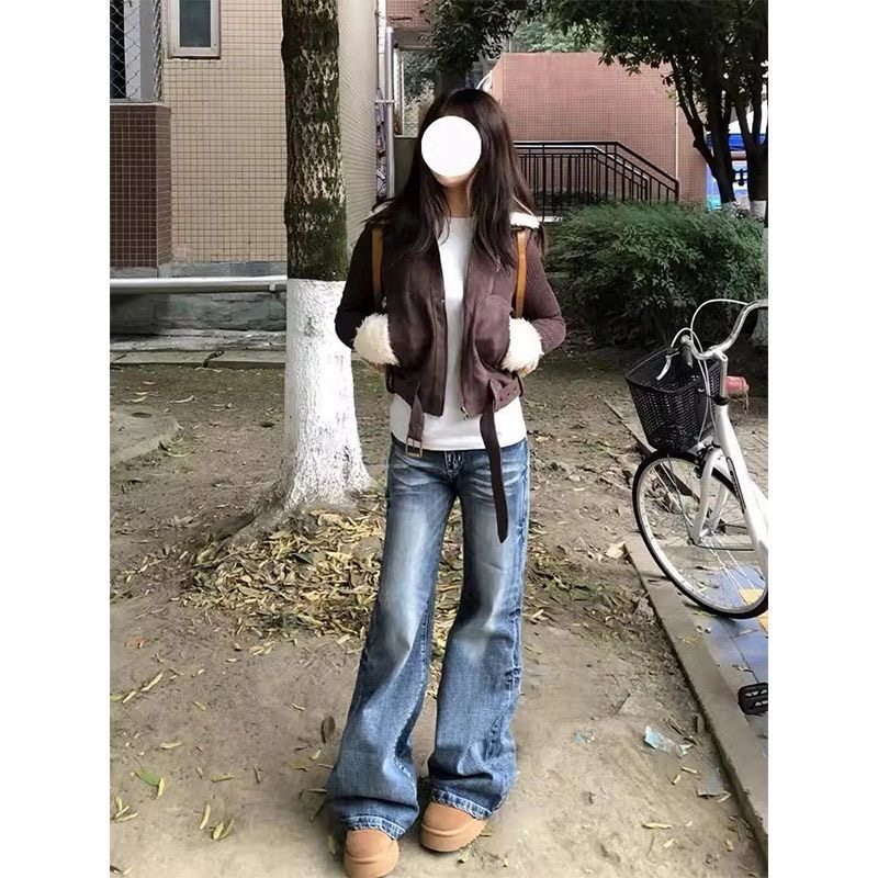 小个子美式复古辣妹微喇牛仔裤显瘦百搭150CM高腰宽松直筒拖地裤