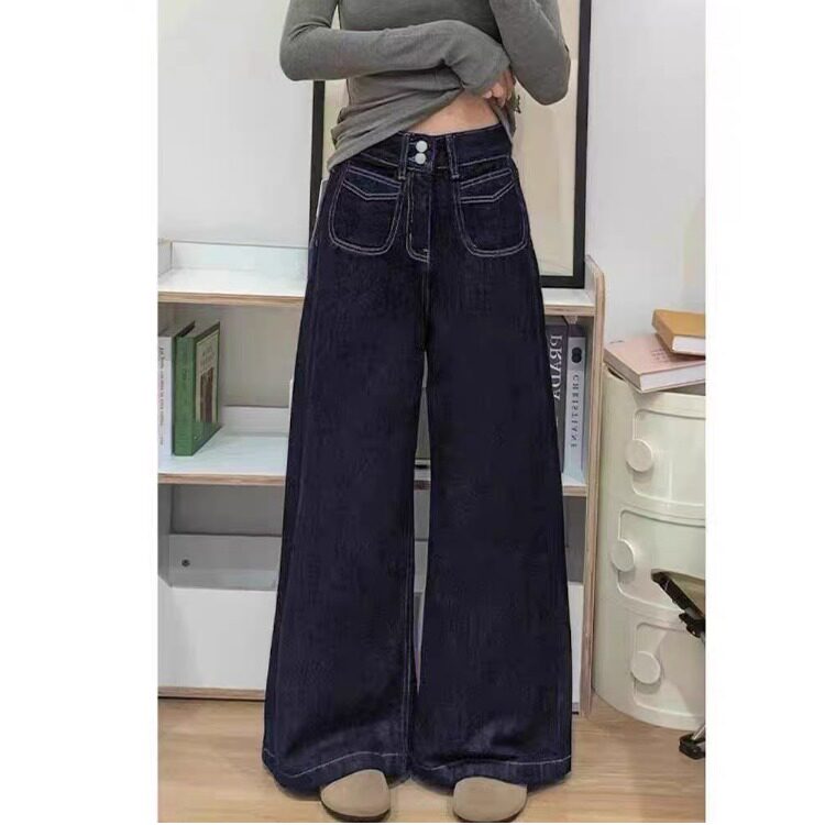 145小矮个子复古深蓝色阔腿牛仔长裤150高腰宽松直筒拖地裤xs显高