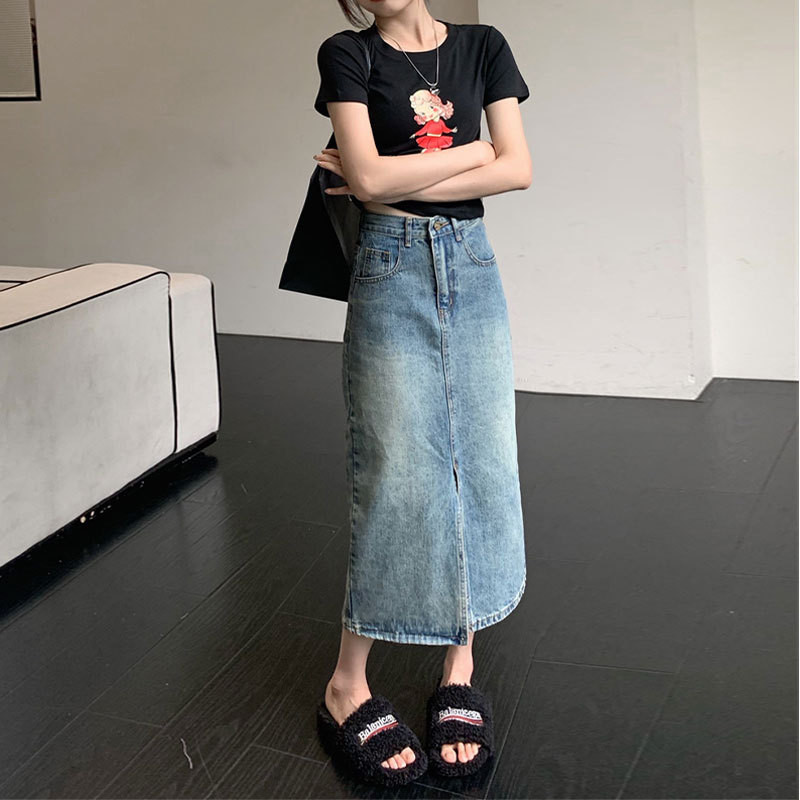 小个子开叉复古牛仔半身裙百搭显瘦145cm显高高腰半裙中长款a字裙