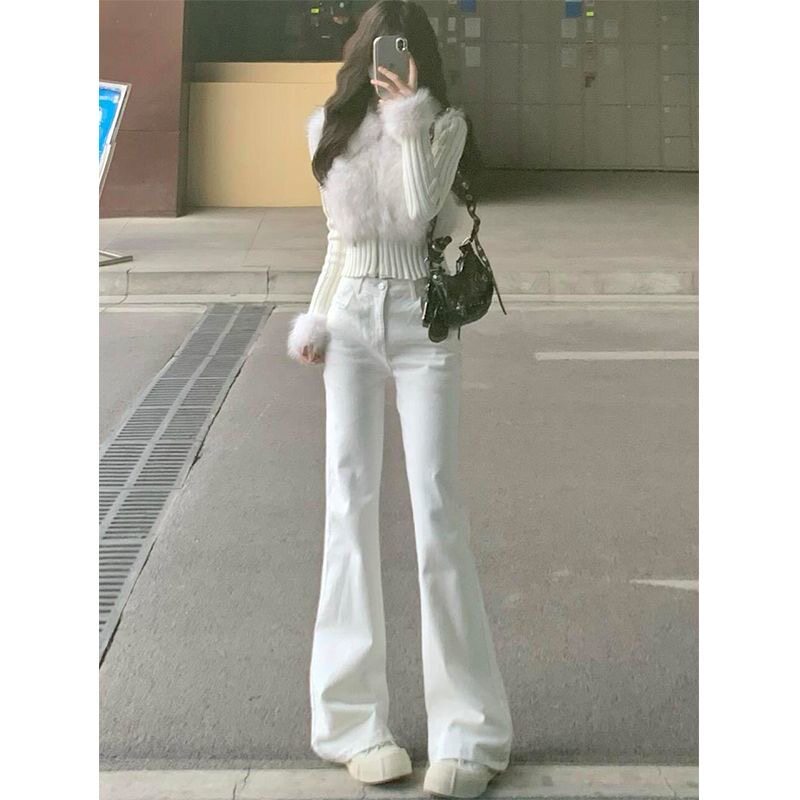 小个子美式白色微喇叭牛仔裤显瘦145CM高腰修身显瘦弹力拖地长裤