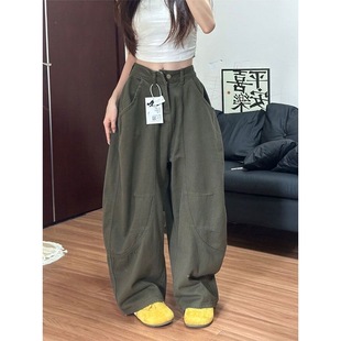 小个子军绿色宽松休闲工装牛仔裤150显高高腰美式显瘦弯刀阔腿裤