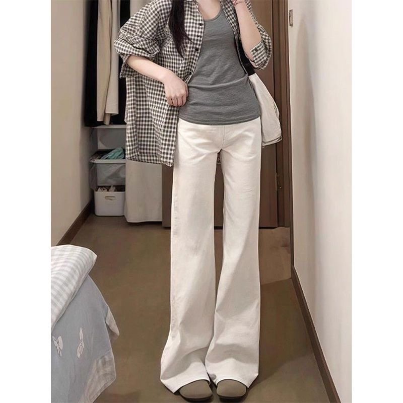 小个子白色微喇叭牛仔裤百搭显瘦150CM低腰宽松直筒九分裤拖地裤