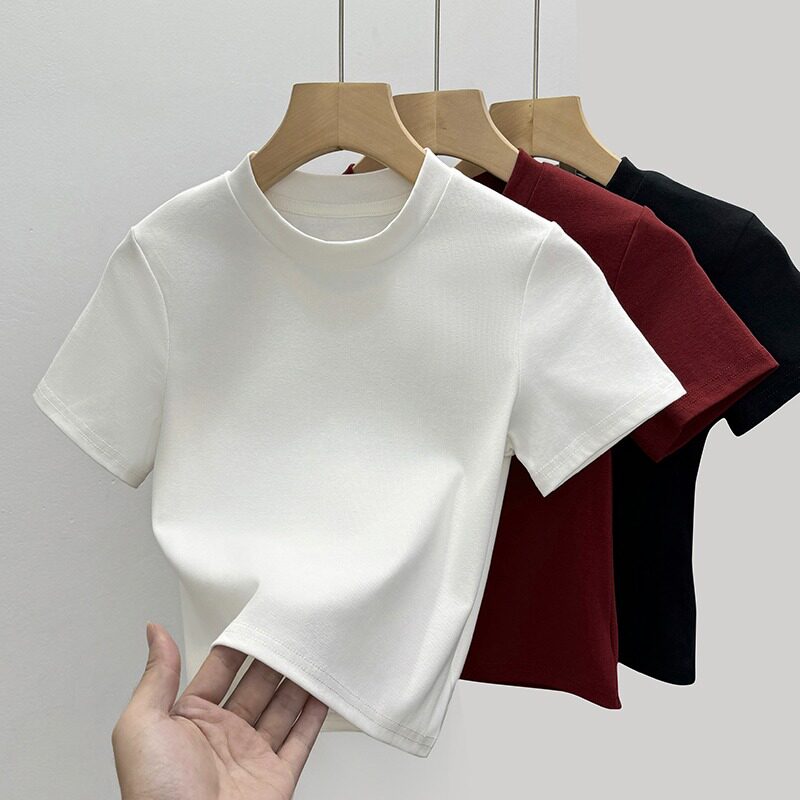 夏季新款圆领短款145小个子上衣设计感小众高级感正肩短袖t恤xs女