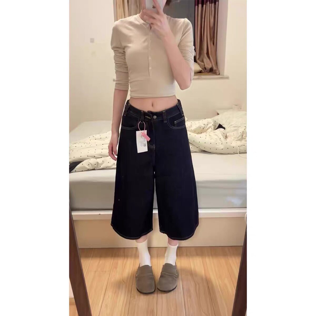 小个子深蓝色显瘦七分牛仔裤夏季薄款145cm高腰宽松直筒阔腿中裤