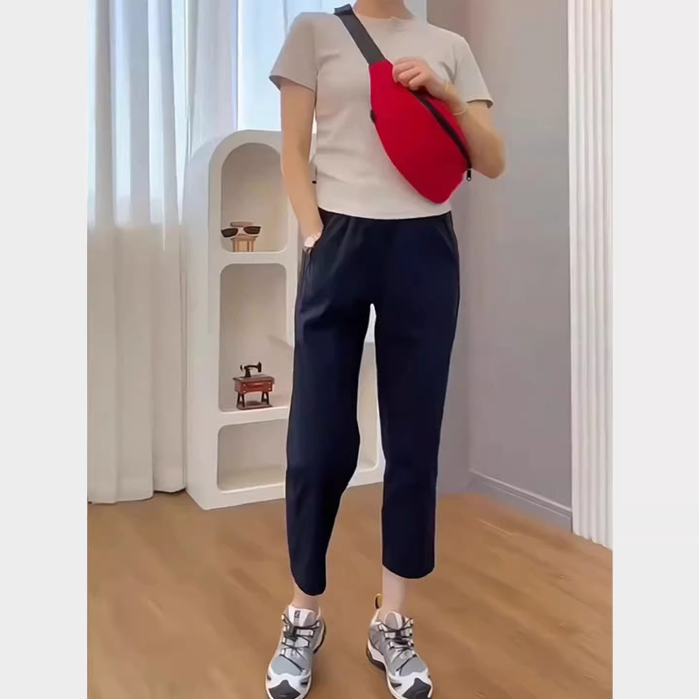 显瘦穿搭小个子高腰藏青色哈伦休闲裤宽松显瘦九分速干工装裤XS女