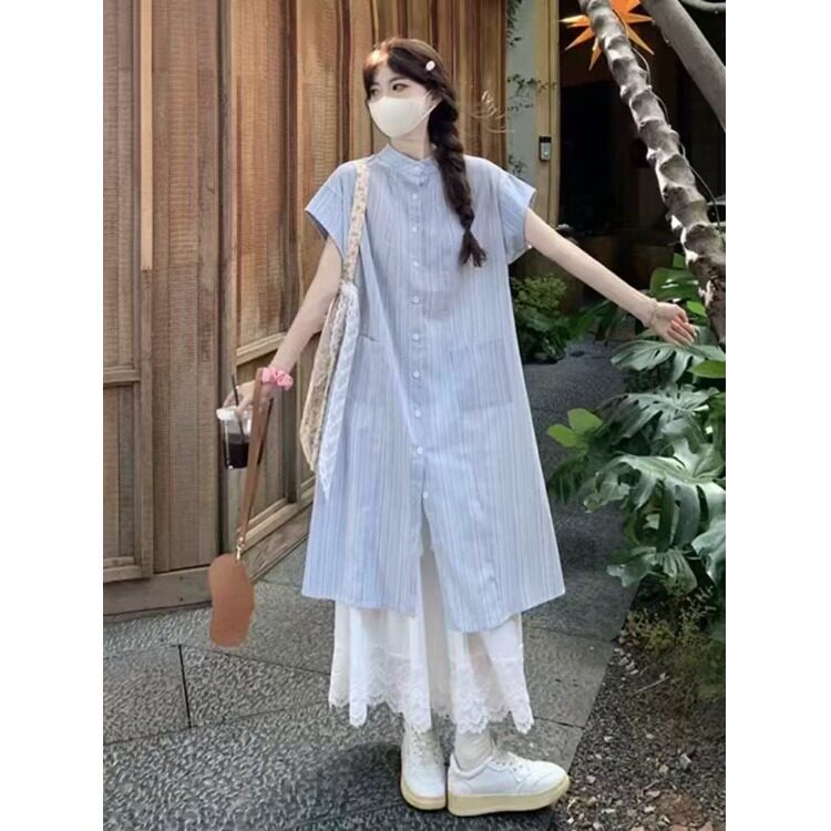 145小个子时尚套装女150蓝色短袖长款衬衫上衣直筒阔腿裤两件套xs