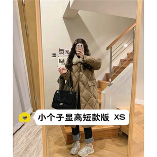 145小个子150cm韩风宽松加厚保暖毛领菱格过膝棉服外套xxs码 秋冬